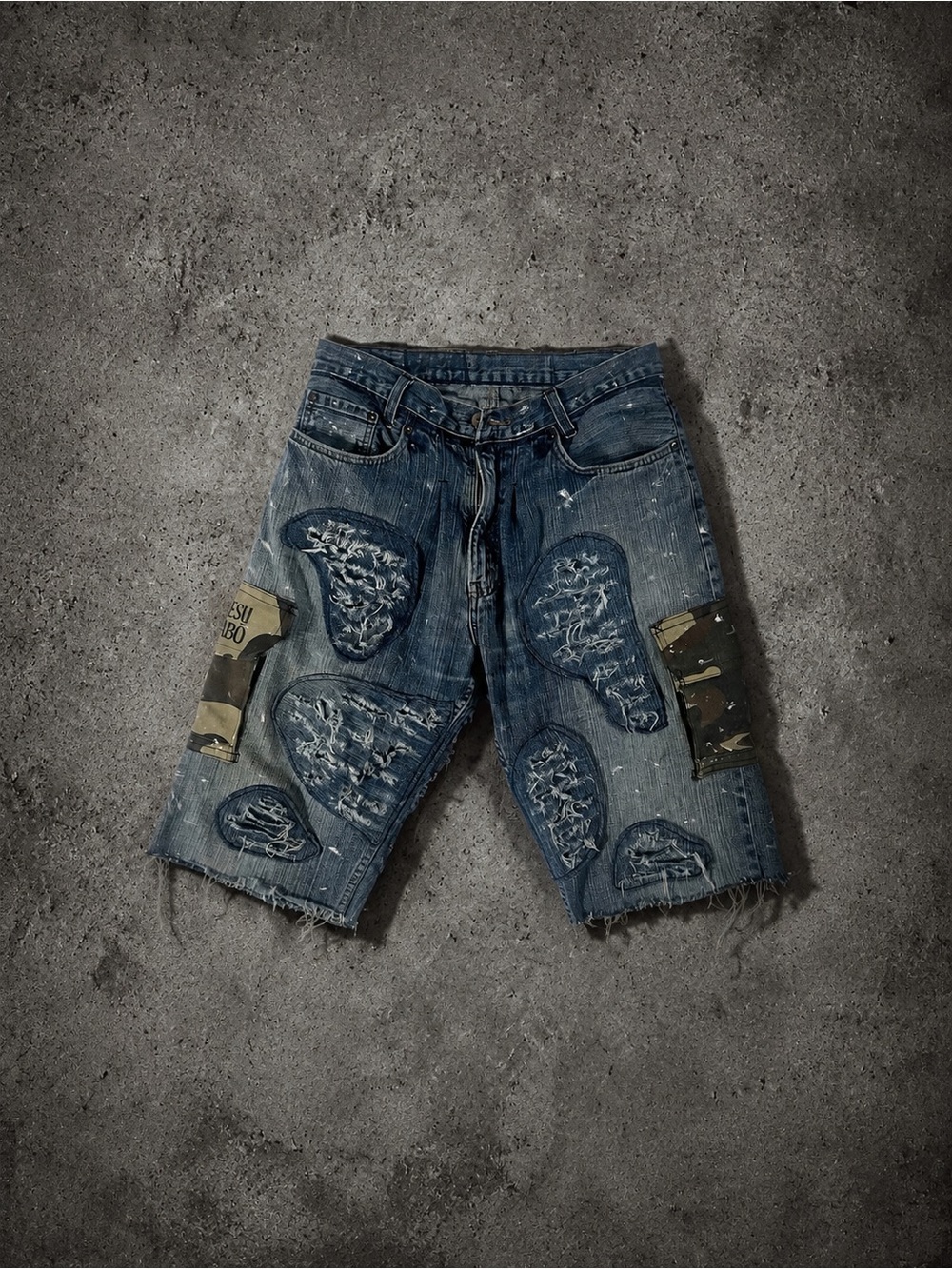 Handmade ABO Distressed Patchwork Utility Denim Shorts